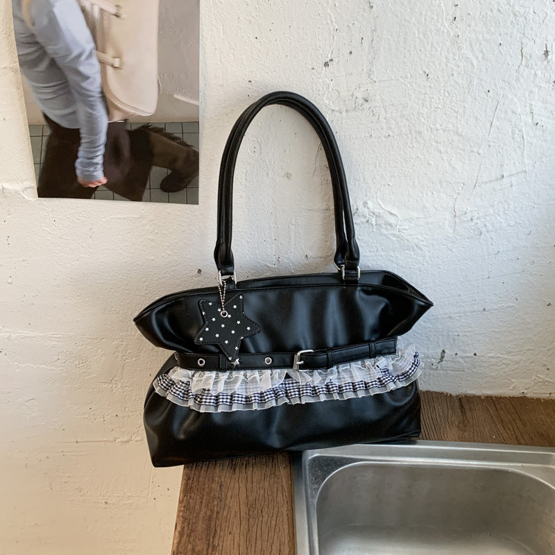Elegant Ruffle Design Tote Bag with Belt Detail and Star Charm for Daily Use
