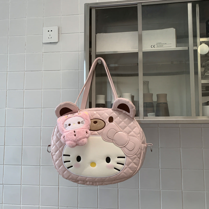 Cute Hello Kitty Quilted Shoulder Bag with Plush Charm, Fashionable and Sweet for Daily Use
