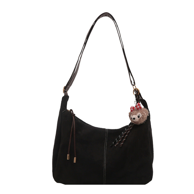 Vintage Tote Bag for Women, Large Capacity Shoulder Crossbody Bag with Cute Plush Charm, Elegant Commute Style