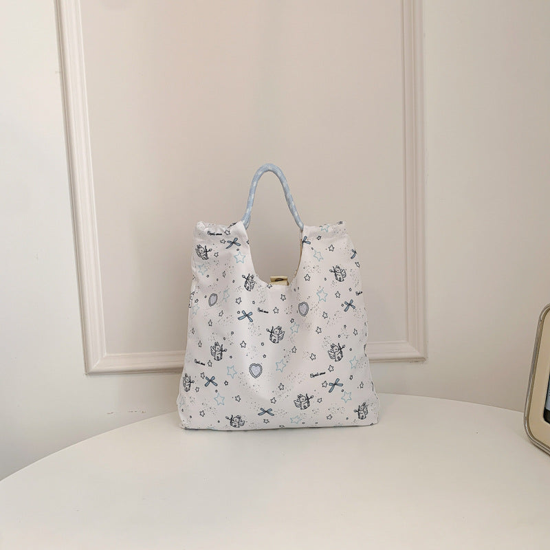 Cute Cartoon Print Tote Bag for Women, Large Capacity Shoulder Bag with Drawstring Design, Perfect for Daily Use and Shopping