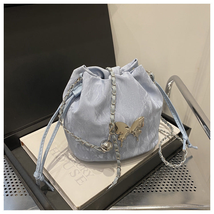 Fashionable Drawstring Bucket Bag with Chain Strap and Cute Pom-Pom Charm for Women