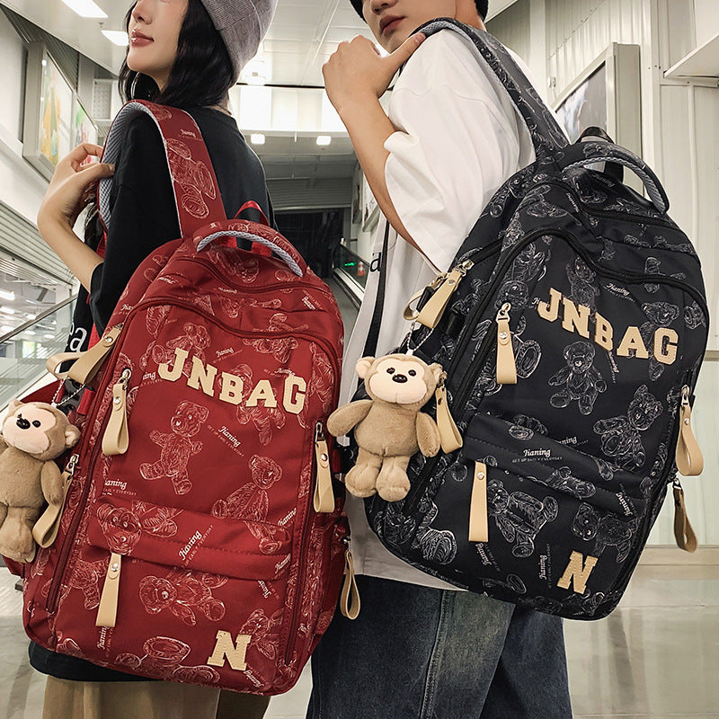 Fashionable Letter Print Backpack for Kids and Students, Breathable Nylon School Bag with Cute Bear Pattern