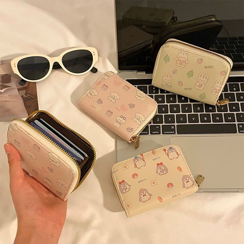 Cute Animal Print Card Holder for Women, Slim Multi-Card Wallet with Zipper, Waterproof PU Material, Perfect for Daily Use and Travel