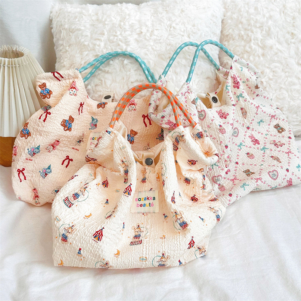 Korean Cartoon Embossed Canvas Bag Women's Large Capacity Canvas Bag Portable Beach Vacation Handbag