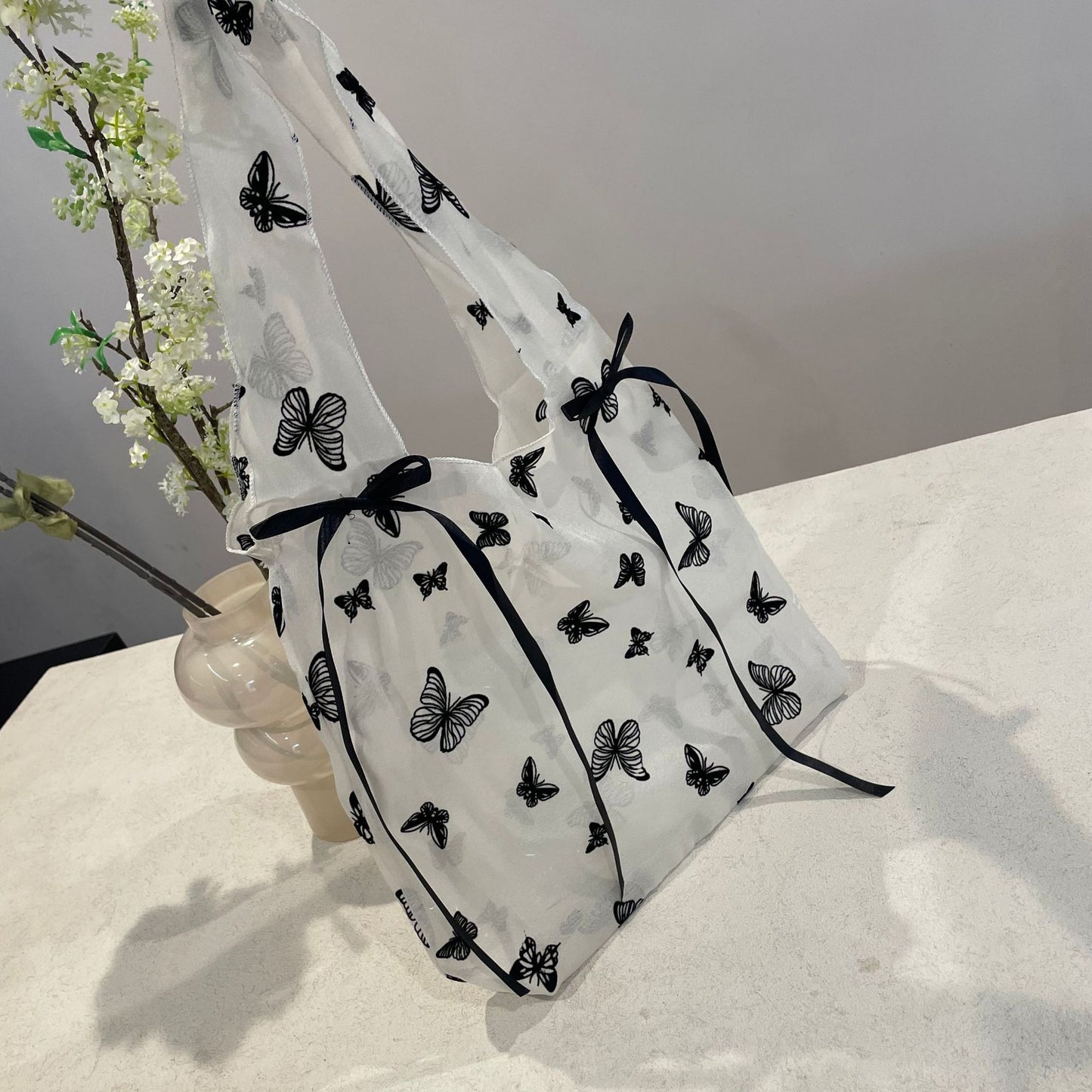 Korean Style Sheer Butterfly Embroidery Tote Bag with Bow Details for Beach Vacation and Daily Use