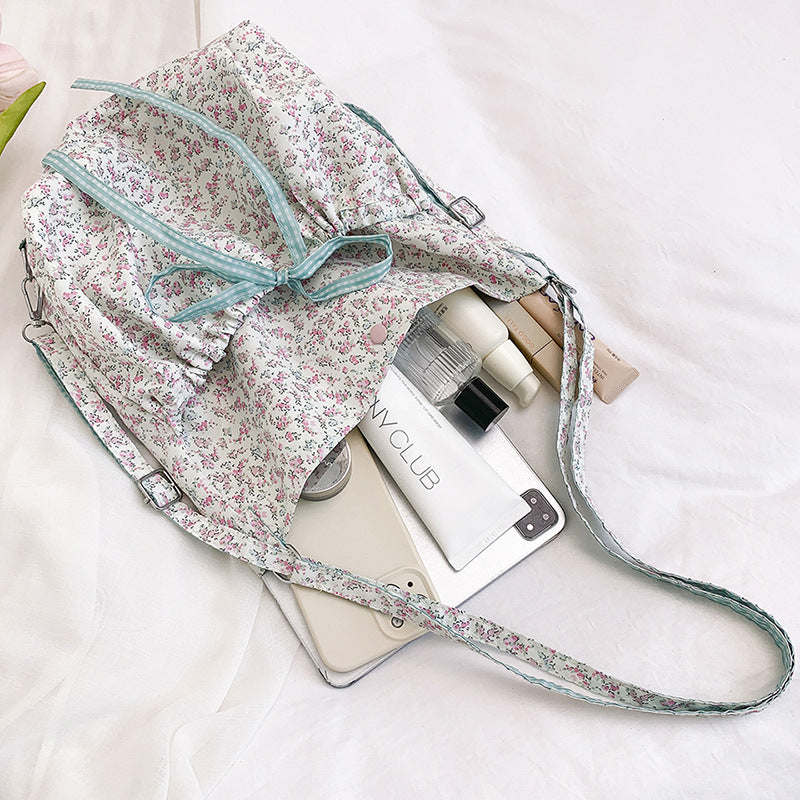 Women's Floral Nylon Backpack Student Party Korean Style Idle Style Cute Large Capacity Shoulder Messenger Bag Drawstring Design