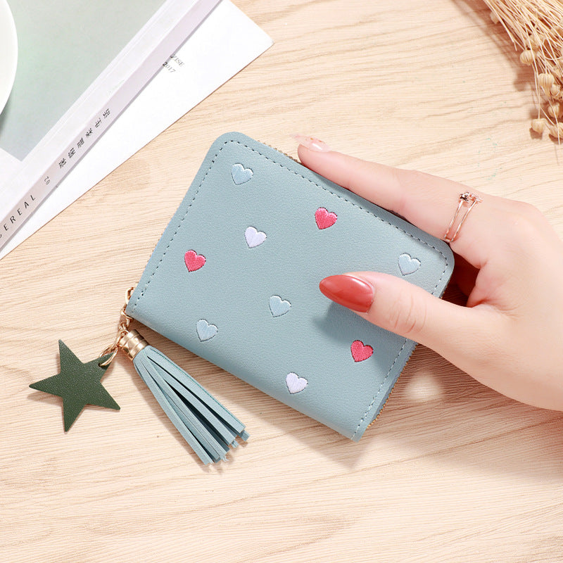 Cute Heart Embroidery PU Wallet for Women with Tassel Charm and Star Pendant, Compact Card Holder for Daily Use