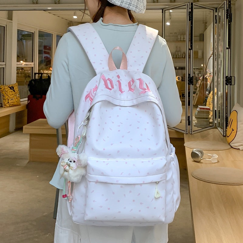 Cute Pink Letter Embroidery Backpack with Plush Keychain for Girls - Stylish and Functional School Bag