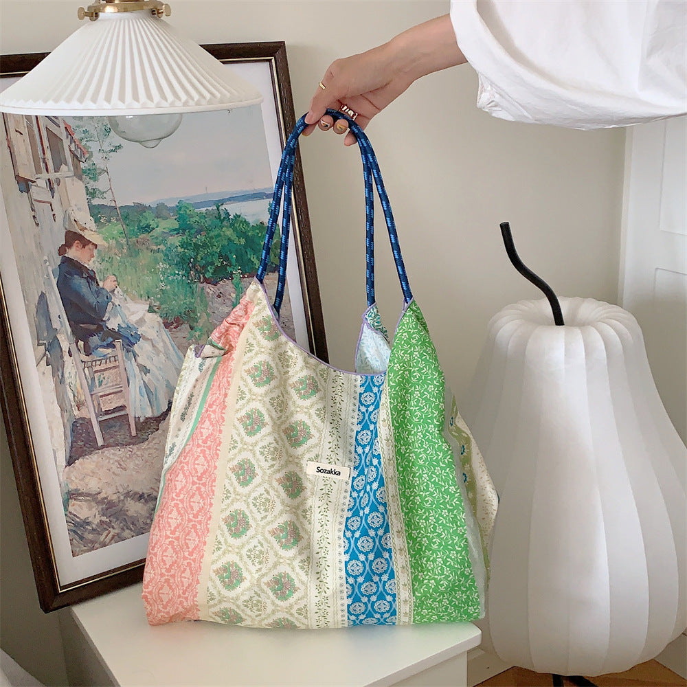 Korean Style Summer Large Capacity Hand Shoulder Bag Drawstring Shopping Bag Fresh Floral Tote Bag Underarm Bag