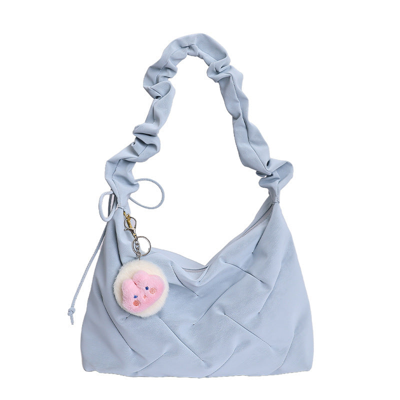 2026 New Korean Style Large Capacity Shoulder Bag with Cute Pom-Pom Charm, Soft Quilted Design for Daily Use