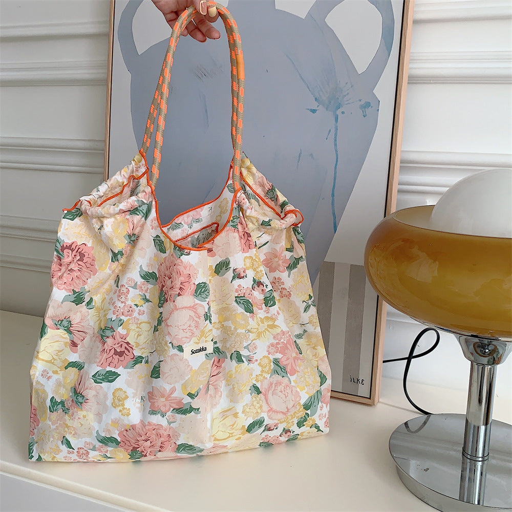 Korean Style Summer Large Capacity Hand Shoulder Bag Drawstring Shopping Bag Fresh Floral Tote Bag Underarm Bag