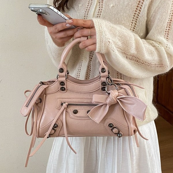 Retro Rivet Moto Bag Women's Fashion 2026 Trendy Small Crossbody Handbag with Tassel Details