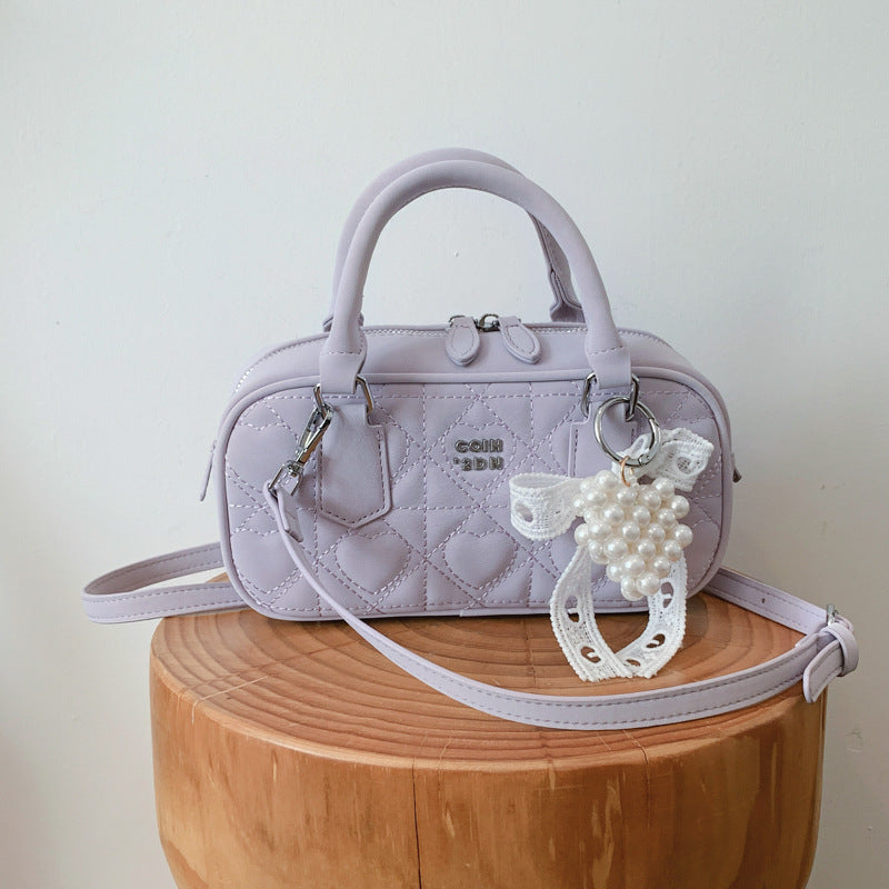 Elegant Quilted Crossbody Bag with Pearl Charm for Women, Fashionable Daily Use Handbag with Zipper Closure and Adjustable Strap