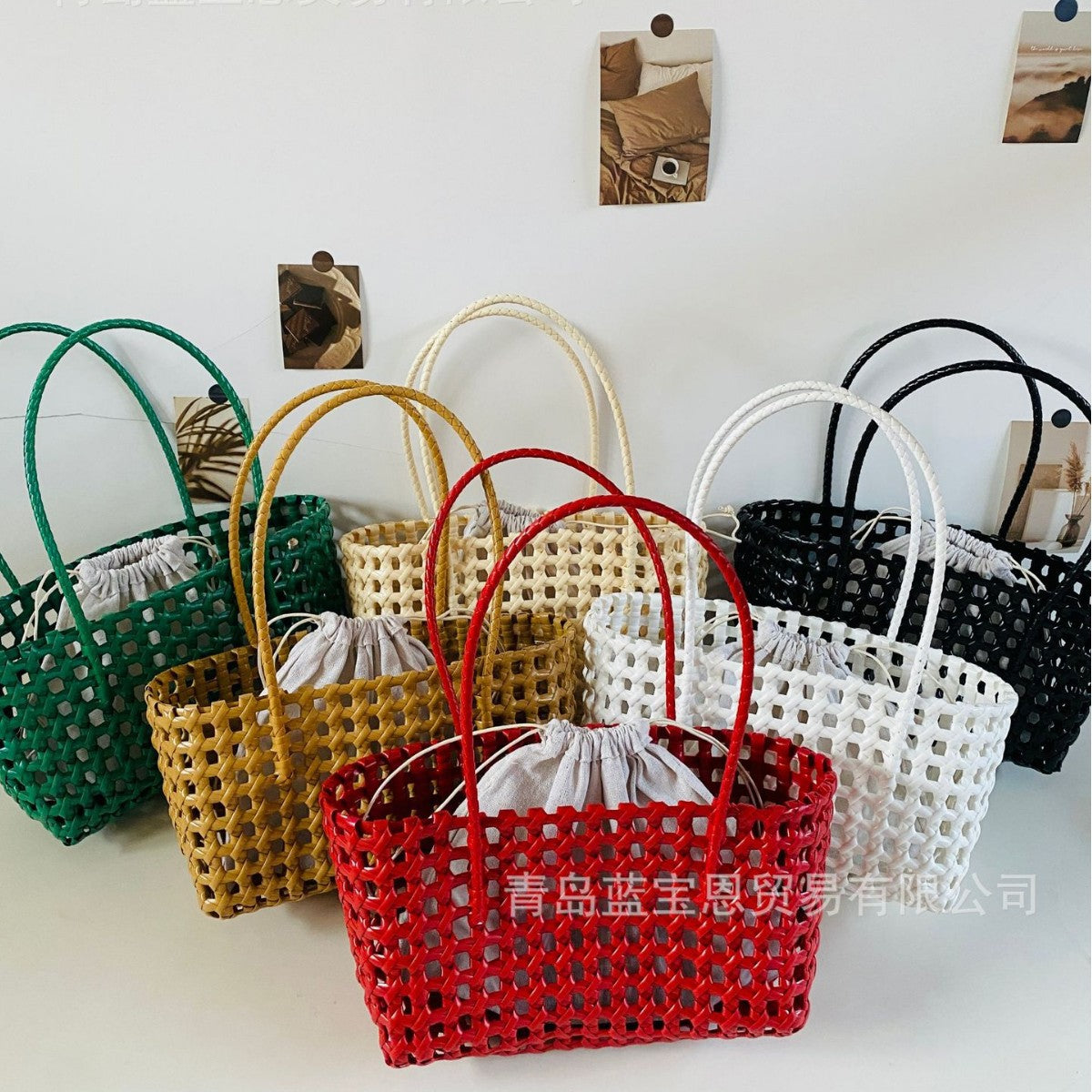 Handbag Weaving Hollow Vegetable Basket Bag PVC Commuter Tote Straw Bag