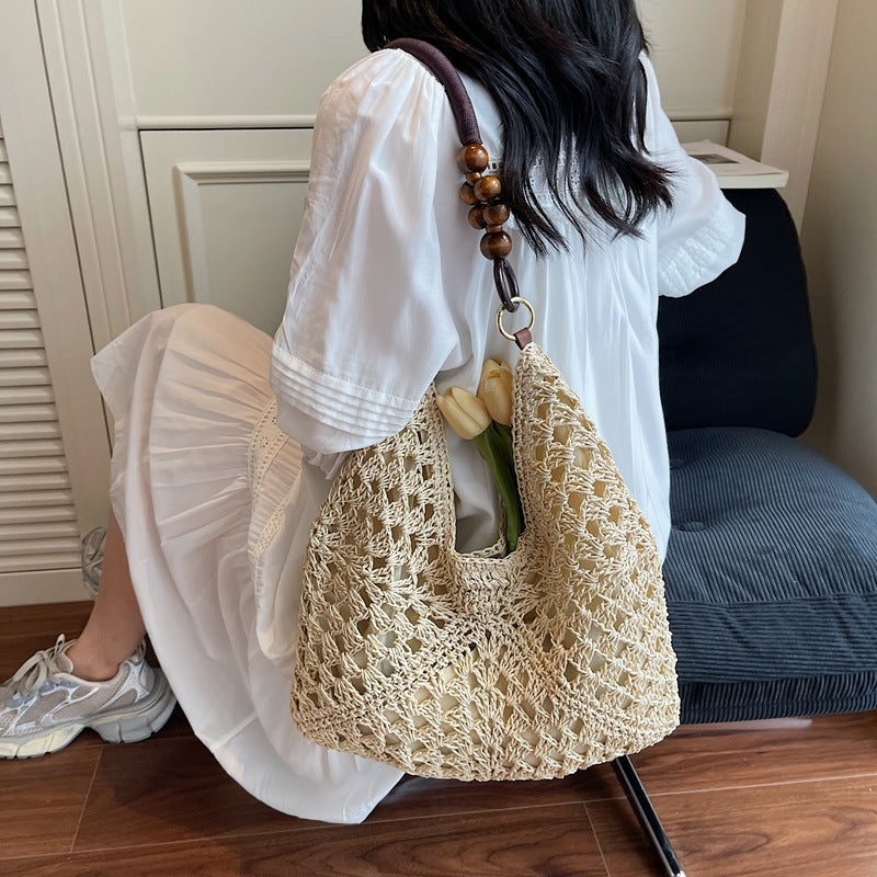 Boho Chic Handwoven Tote Bag with Wooden Bead Handle - Large Capacity Beach & Everyday Style