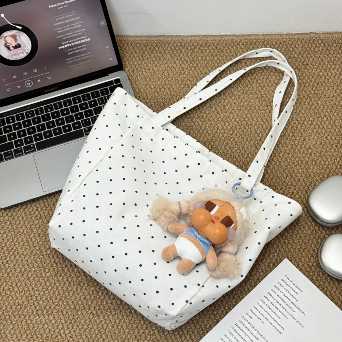 Korean Style Lazy Canvas Tote Bag Women's Large Capacity Polka Dot Design Simple All-Match Daily Shoulder Bag