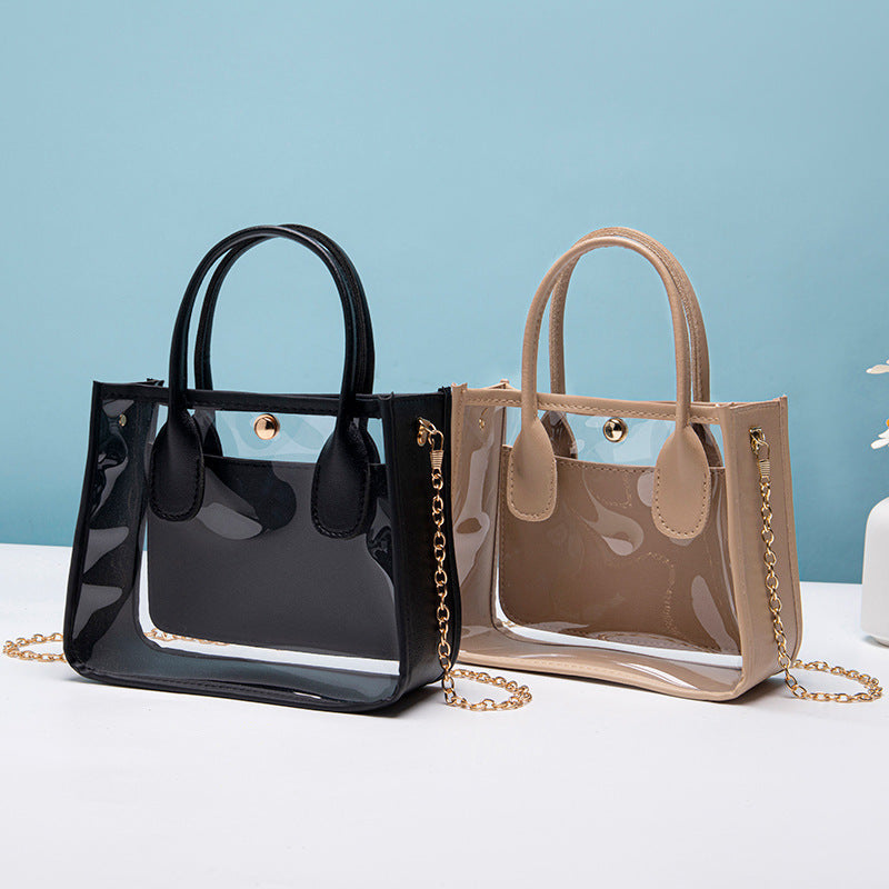 Women's Cross-Body Bag Handbag Transparent PVC Tote Bag with Leather Edge Chain Crossbody Handbag