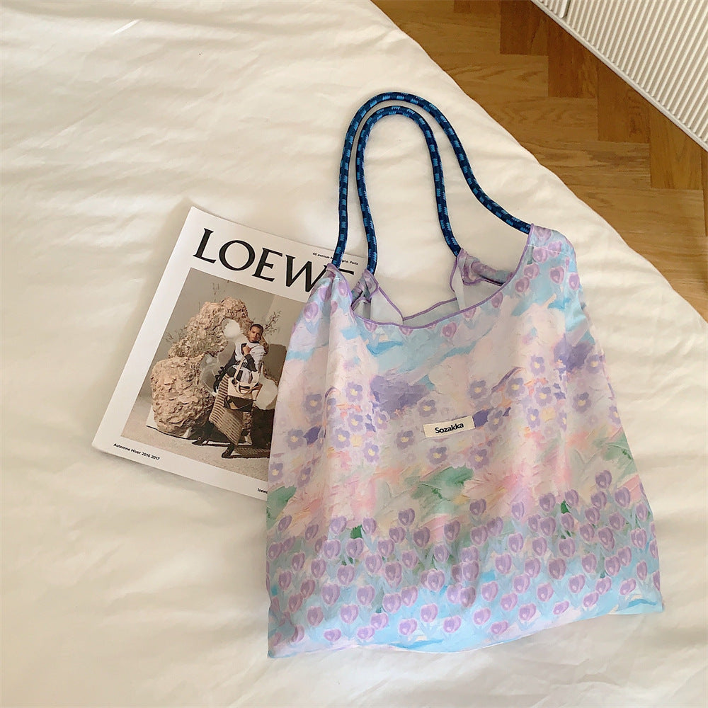 Korean Style Summer Large Capacity Hand Shoulder Bag Drawstring Shopping Bag Fresh Floral Tote Bag Underarm Bag
