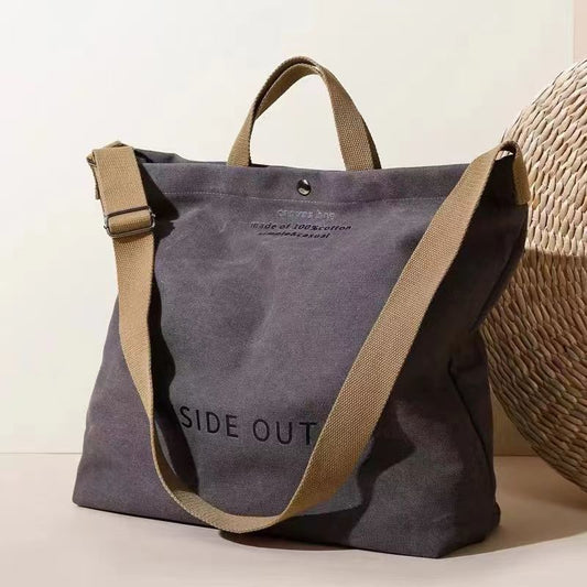Retro Canvas Tote Bag with Adjustable Strap and Letter Print for Casual Travel and Daily Use