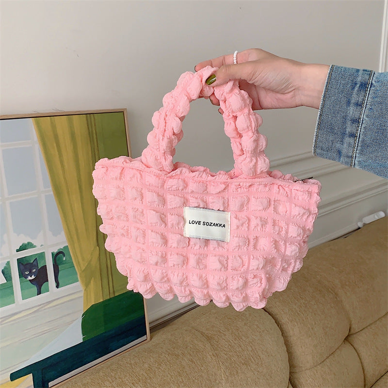 Bubble Handbag Women's Korean-Style Portable Canvas Bag Casual Idle Style Portable Tote Bag