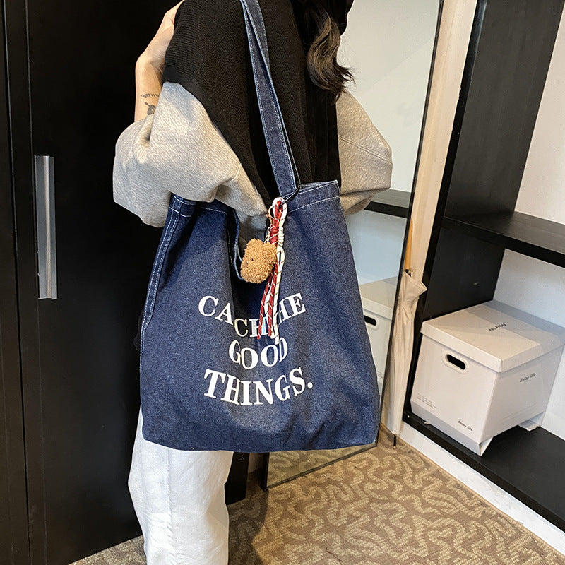Stylish Denim Tote Bag with Inspirational Quote - Large Capacity Shoulder Bag for Daily Use and Shopping