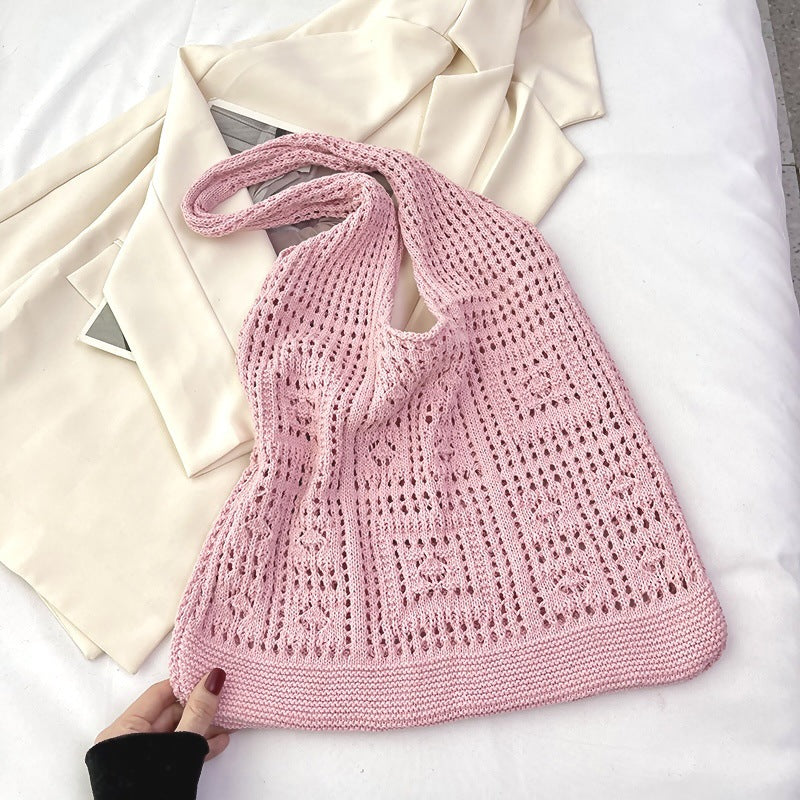 Women's Shoulder Bag Handmade Woven Hollowed Mesh Tote Bag Soft Cotton Thread Material Everyday Joker