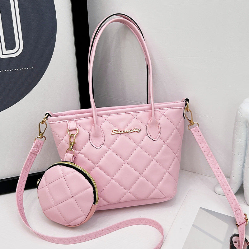 Vegetable Basket Handbag Niche Rhombus Textured Bucket Bag Two-Piece Set Bag Hot Sale Straw Bag Women
