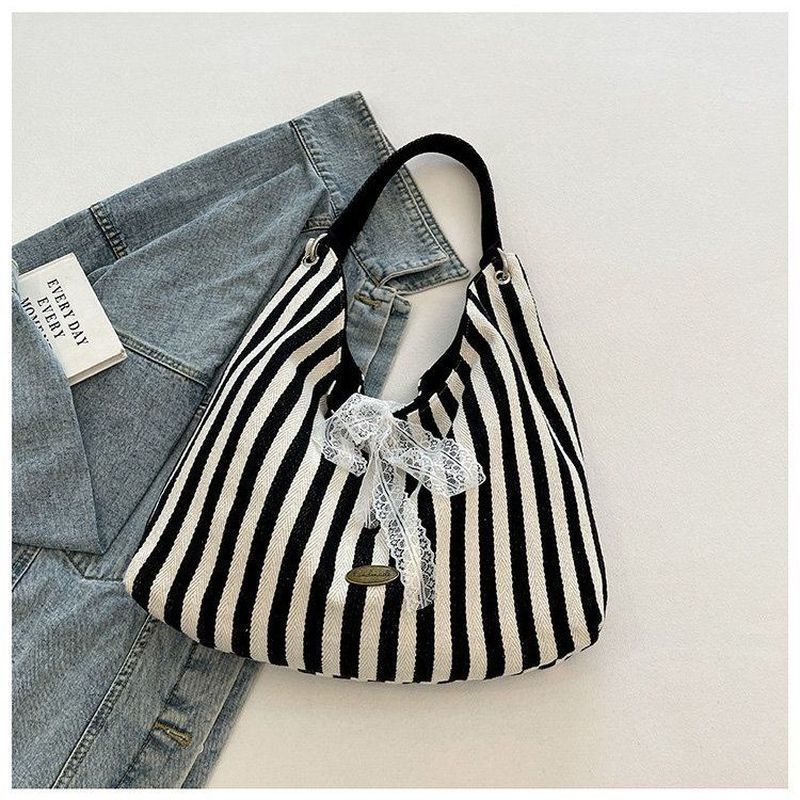2025 New Fashion Striped Tote Bag for Women, Large Capacity Canvas Shoulder Bag with Lace Detail, Perfect for Daily Use and University