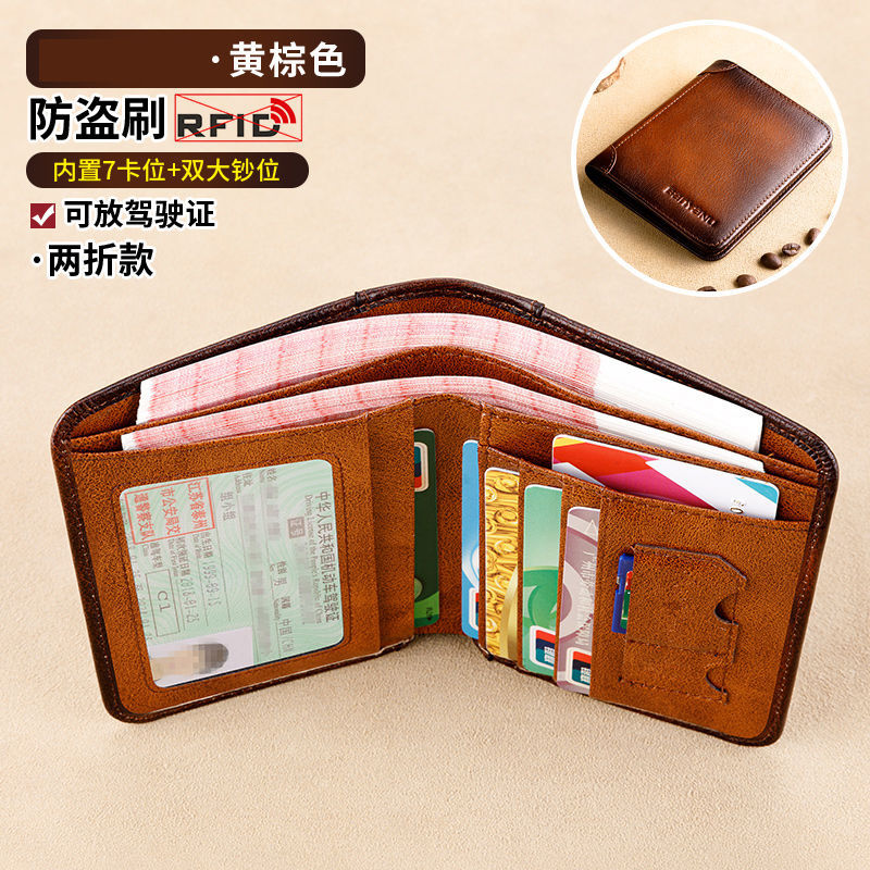 Men's Genuine Leather Wallet with RFID Protection, Vintage Style Card Holder and Driver's License Case, Fashionable Streetwear Design