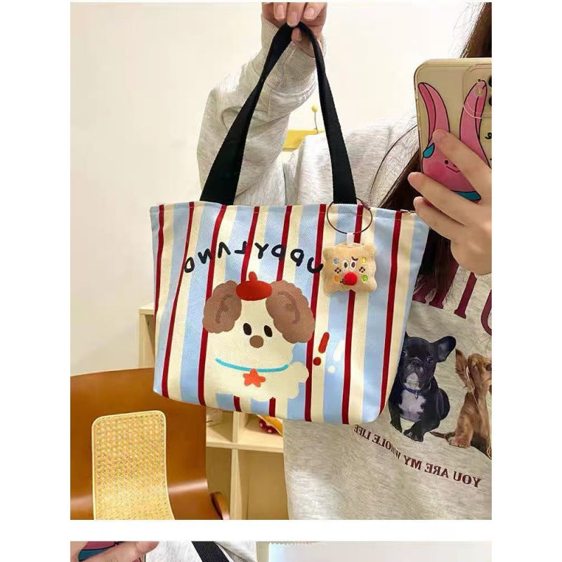 Women's Shoulder Bag Cute Puppy Printed Canvas Handbag Striped Design with Zipper Pocket Mobile Phone Bag