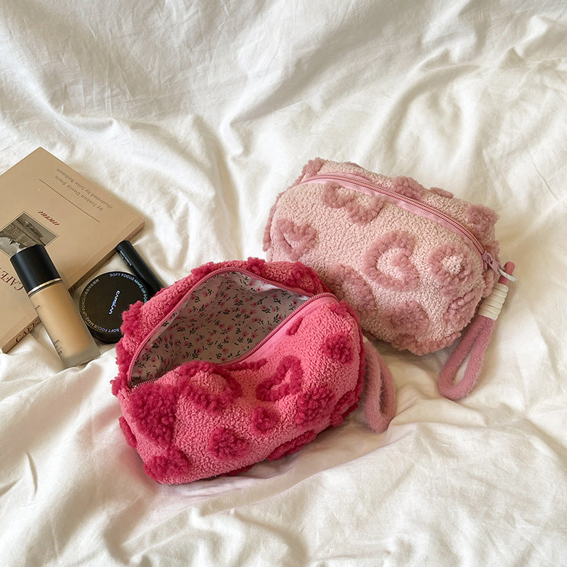 Cute Plush Heart Pattern Cosmetic Bag with Large Capacity and Soft Texture for Daily Use and Travel
