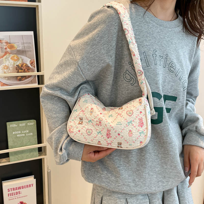 Cute Floral Quilted Crossbody Bag with Bow Detail for Women, Stylish Everyday Shoulder Bag with Zipper Closure and Inner Pockets