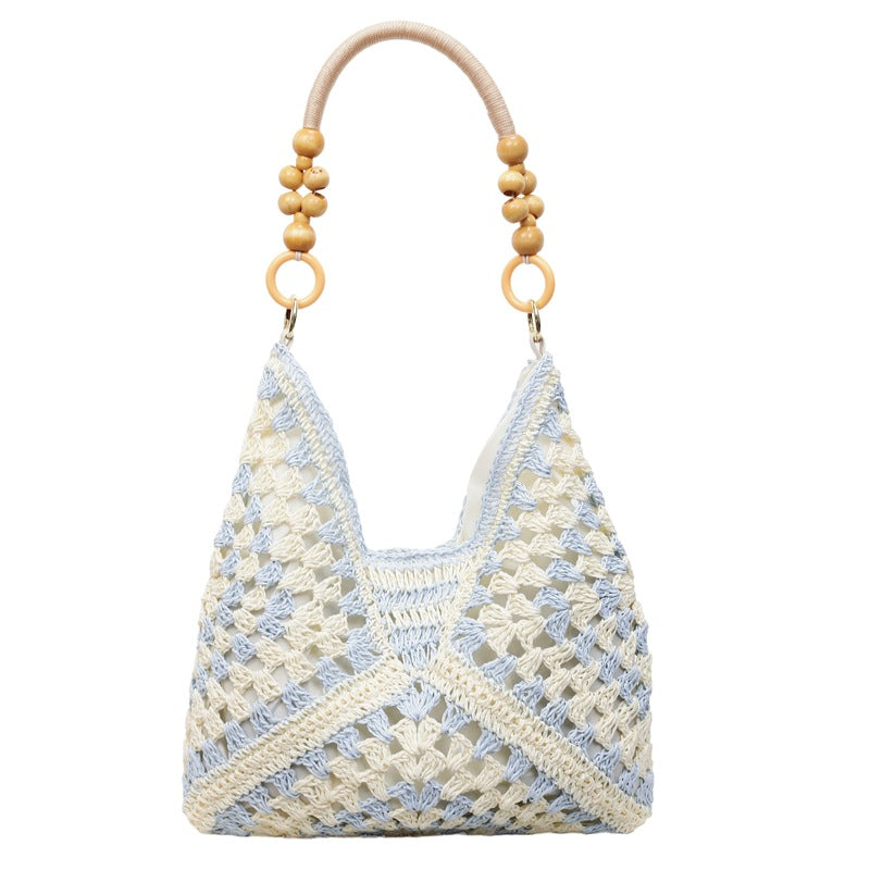 Boho Chic Handwoven Tote Bag with Wooden Bead Handle - Large Capacity Beach & Everyday Style