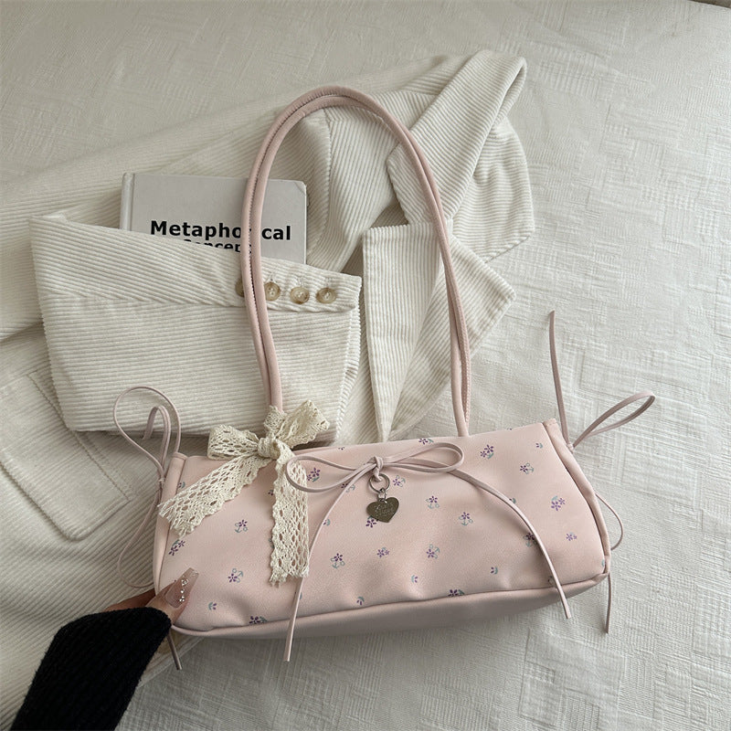 New Fashion Embroidered Handbag for Women Commuter's All-Matching Shoulder Underarm Bow Decoration Baguette Bag
