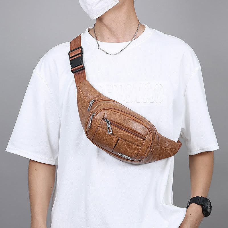 Chest Bag Men's Multi-Compartment Outdoor Sports Hard-Wearing Crossbody Bag Pu Waterproof Waist Bag