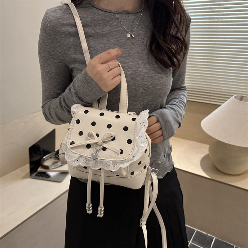 Cute Polka Dot Backpack with Lace Trim and Bow Detail for Girls and Students