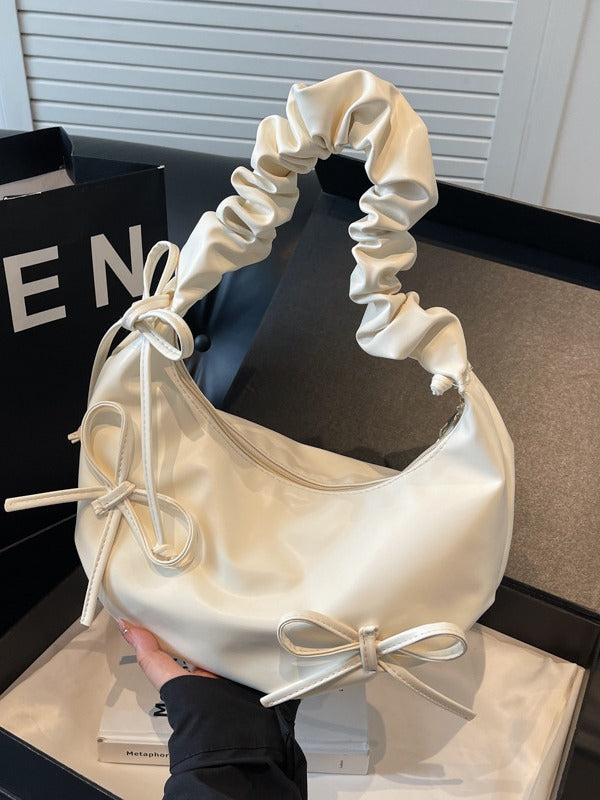 2024 New Sweet Pleated Shoulder Bag with Bow Design Soft Cloud Shape Crossbody Bag for Women