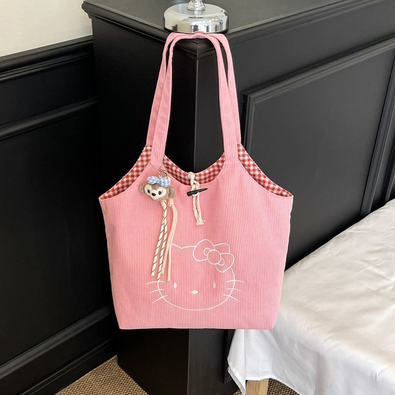 Large Corduroy Embroidered Tote Bag with Cartoon Design, Soft Structure, Multiple Inner Pockets for Daily Use
