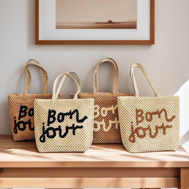 Fashion Letter Embroidery Straw Bag Weaving Hollow Design Vacation Beach Versatile Women's Bag