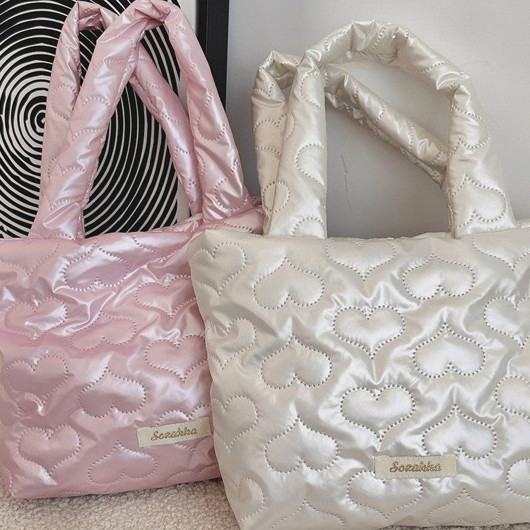 Quilted Tote Bag with Love Design Soft PU Material Daily Fashion Handbag for Women