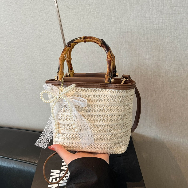 Summer New Fashion Bamboo Handle Woven Bucket Bag, Casual Minimalist Straw Handbag with Elegant Design