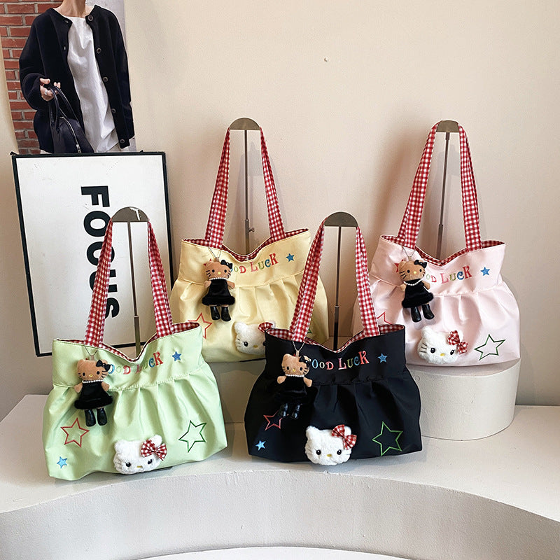 Cute Korean Style Versatile Kitty Pleated Handbag Women's New Large Capacity Commuter out Shoulder Bag