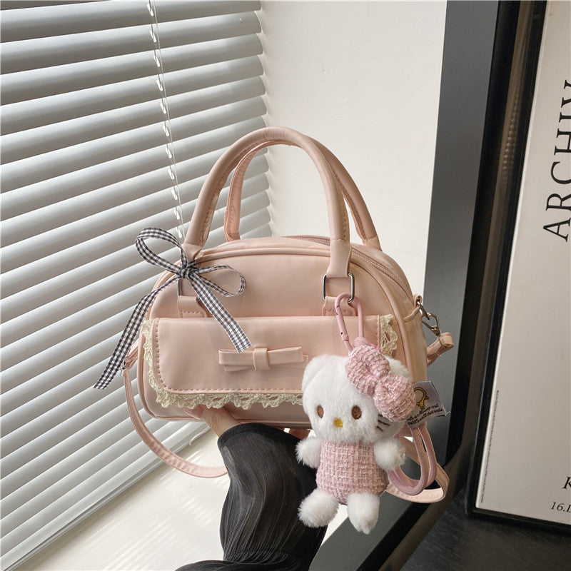 2025 Trendy Minimalist Bow Handbag for Women, Fashionable Crossbody Bag with Cute Plush Charm, Elegant Bowling Shape Design