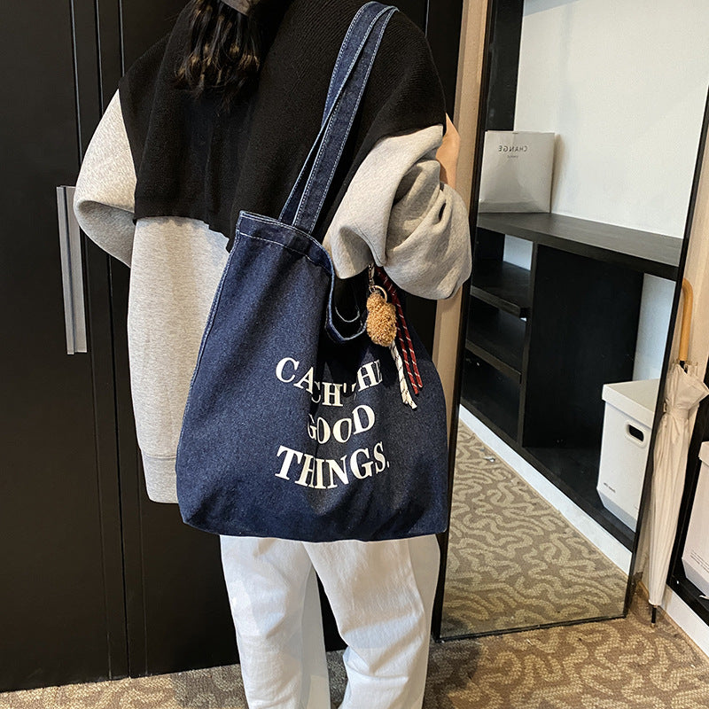 Stylish Denim Tote Bag with Inspirational Quote - Large Capacity Shoulder Bag for Daily Use and Shopping