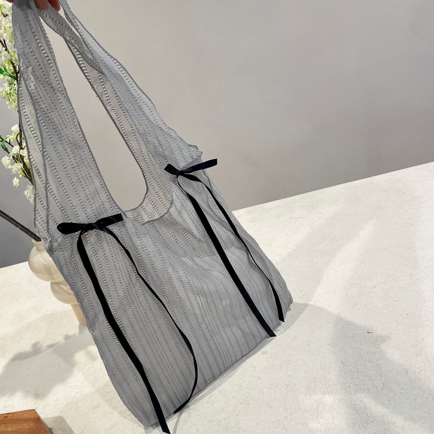 Korean Style Sheer Butterfly Embroidery Tote Bag with Bow Details for Beach Vacation and Daily Use
