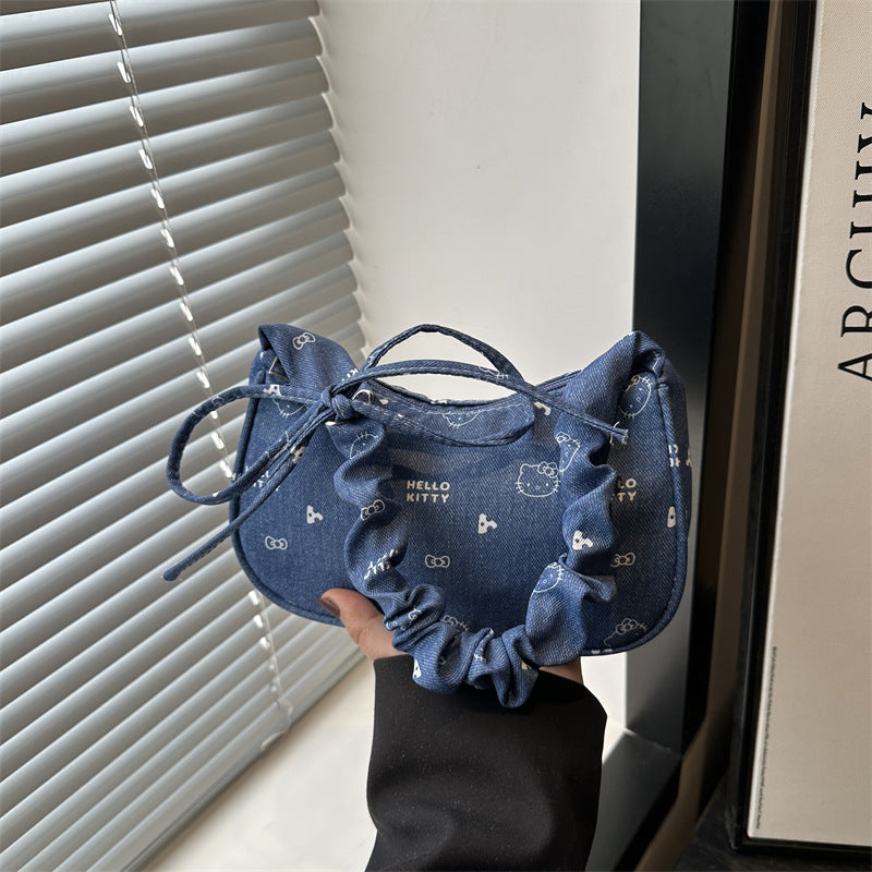 2025 New Denim Crossbody Bag for Women, Trendy Street Style with Bow Strap and Zipper Closure, Perfect for Daily Outfits