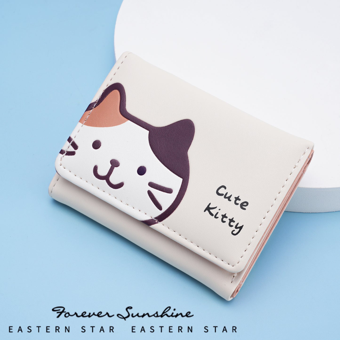 Cute Kitty Print PU Wallet for Women, Fashionable Three-Fold Card Holder with Sweet Cartoon Design