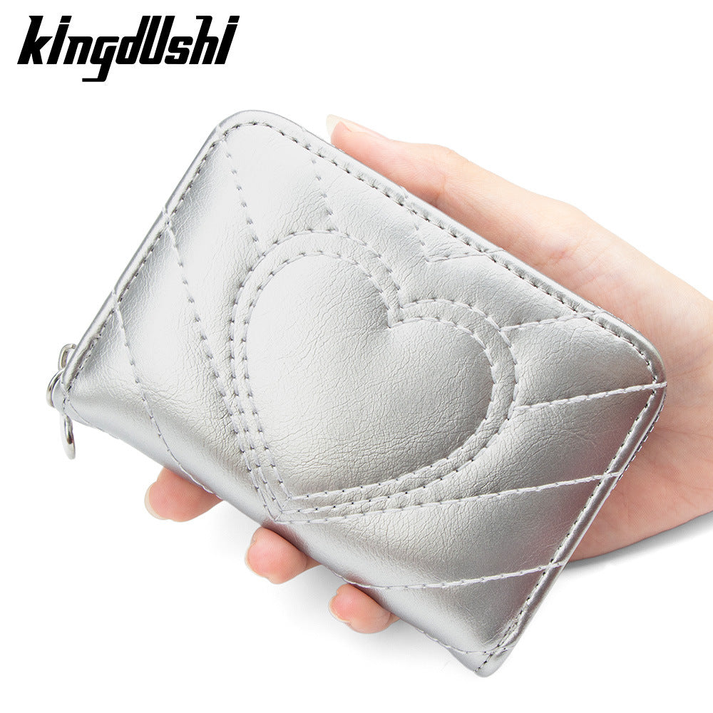 Stylish Heart Embroidery Zipper Card Holder with Multiple Slots and Large Capacity for Daily Use