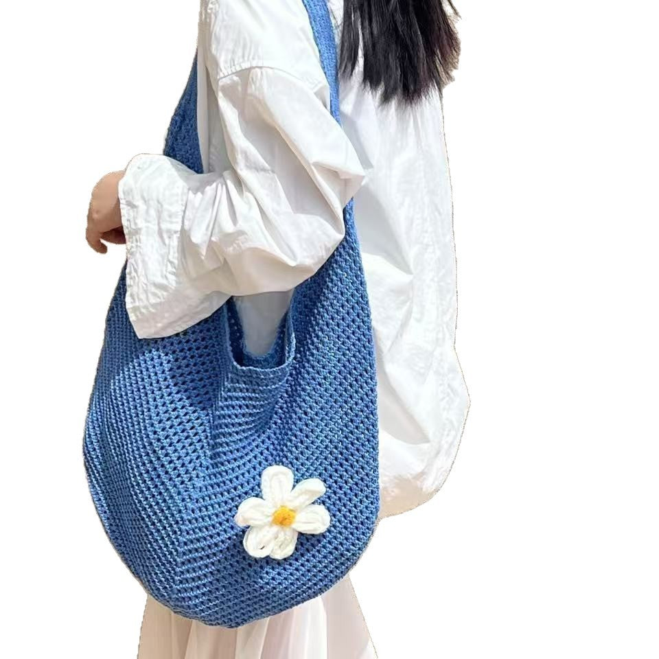 Women's Shoulder Bag Beach Bag Fashionable Knitted Flower Tote Bag Women's Casual Beach Travel Sling Bag Large Capacity Woven Bag