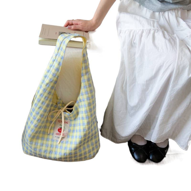Cute Checkered Crossbody Bag with Tomato Logo, Soft Canvas Tote for Daily Use and School
